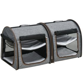 PawHut 39" Portable Twin Compartment Show House Cat Cage/Condo, Soft-Sided Pet kennel, Dual Compartment, Soft Cushions & Storage Bag, Gray